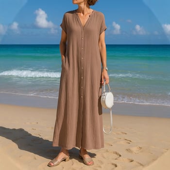 Hosszított nyári ing pamut–len anyagból V-nyakú, rövid ujjú, zsebbel