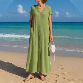 Hosszított nyári ing pamut–len anyagból V-nyakú, rövid ujjú, zsebbel