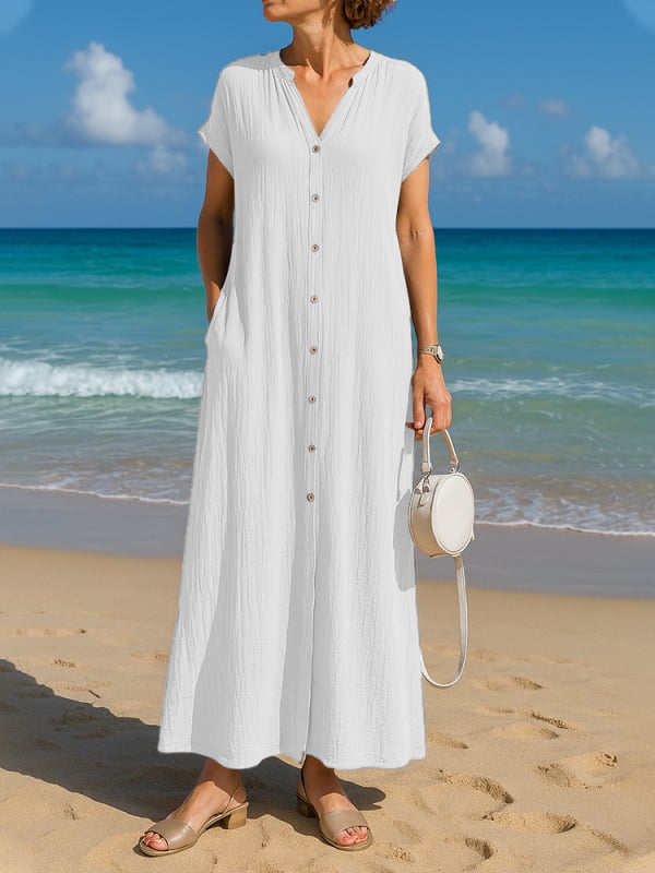 Hosszított nyári ing pamut–len anyagból V-nyakú, rövid ujjú, zsebbel