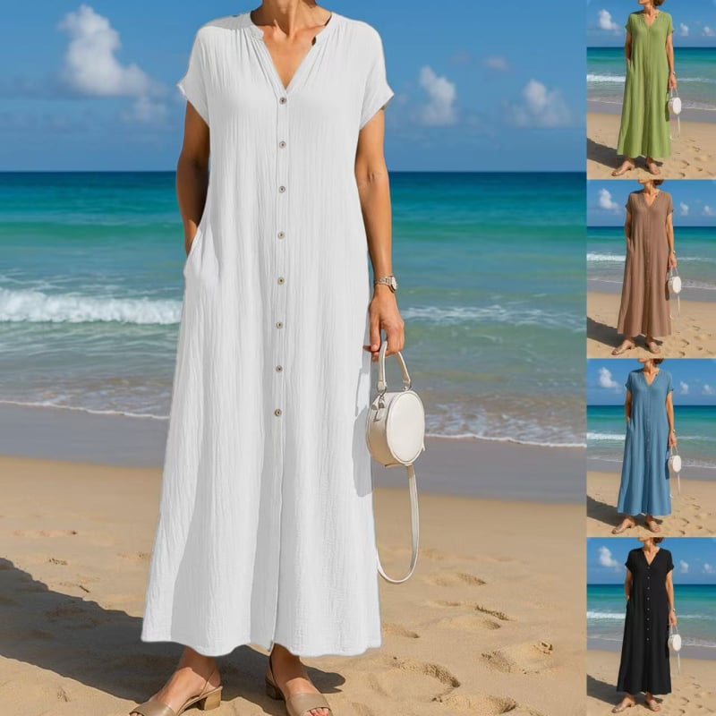 Hosszított nyári ing pamut–len anyagból V-nyakú, rövid ujjú, zsebbel