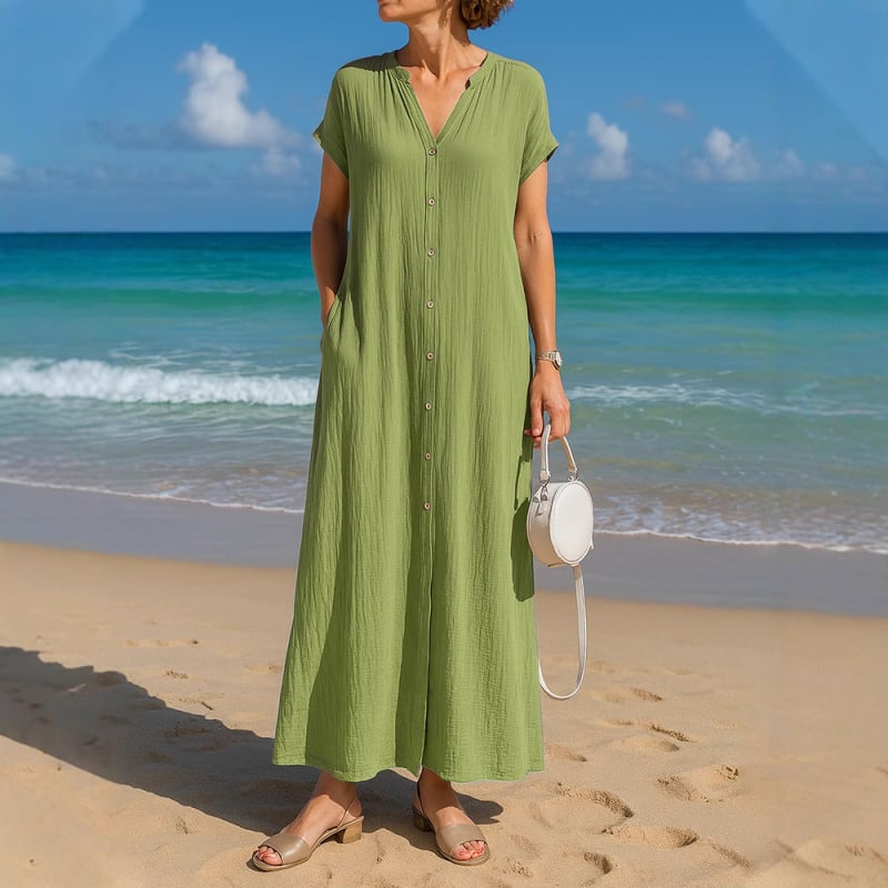 Hosszított nyári ing pamut–len anyagból V-nyakú, rövid ujjú, zsebbel