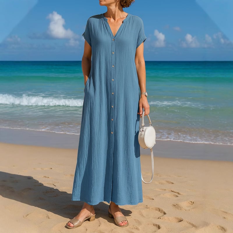 Hosszított nyári ing pamut–len anyagból V-nyakú, rövid ujjú, zsebbel