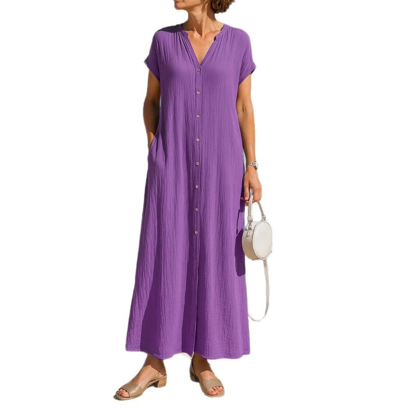 Hosszított nyári ing pamut–len anyagból V-nyakú, rövid ujjú, zsebbel