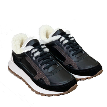 Дамски кожени маратонки с вълнена подплата, дебели подметки, връзки отпред, нисък ток 1–3 см