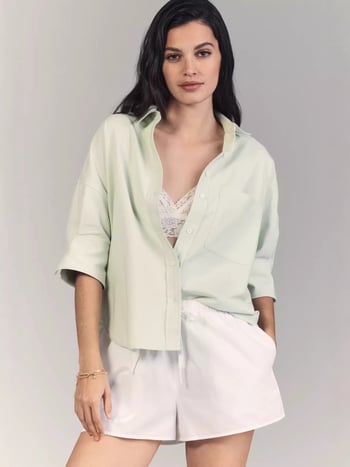 Női rövid ujjú ing kardigán stílusban, patchwork panelek, ingnyak, pamut-keverék anyag poliészterrel