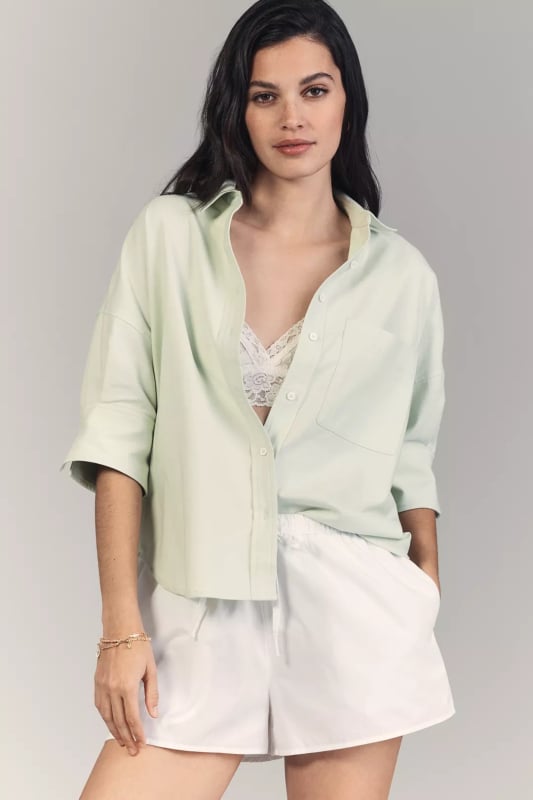 Női rövid ujjú ing kardigán stílusban, patchwork panelek, ingnyak, pamut-keverék anyag poliészterrel