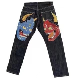 Hip-hop mintás farmernadrág, bő egyenes szabás, középmagas derék, cipzár, poliészter 60–70%