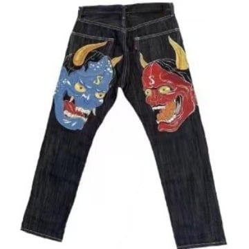 Hip-hop mintás farmernadrág, bő egyenes szabás, középmagas derék, cipzár, poliészter 60–70%