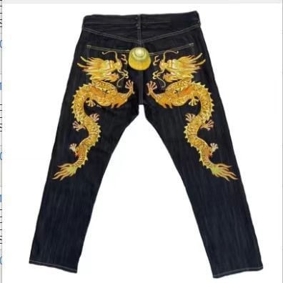 Hip-hop mintás farmernadrág, bő egyenes szabás, középmagas derék, cipzár, poliészter 60–70%