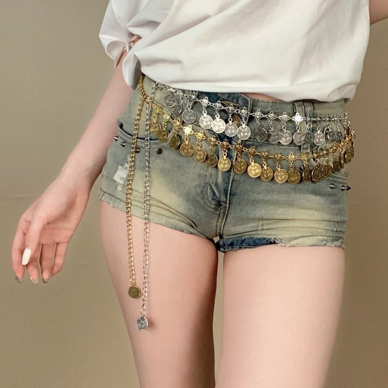 Fém derékszíj érme-bojtokkal, etnikus stílus, nőknek, hossz 100 cm, szélesség 2–4 cm