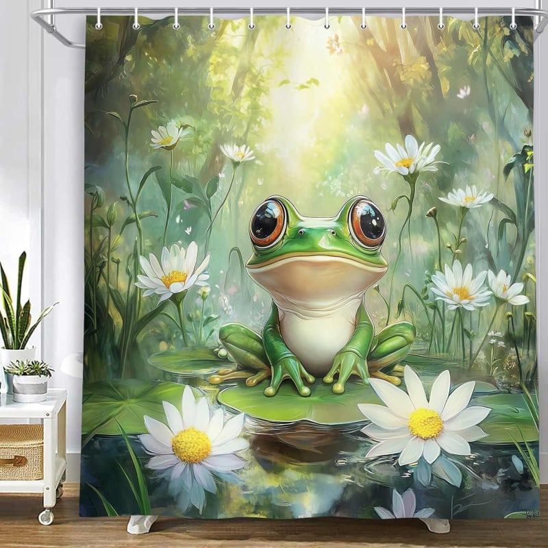 Zuhanyfüggöny aranyos békás mintával, digitális nyomtatás, 90 g vízálló poliészter anyag, testreszabható a képed szerint