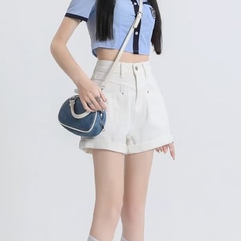 Női farmer rövidnadrág, magas derekú, A-vonalú szabás, széles lábú, nyár 2024, pamut 50–70%
