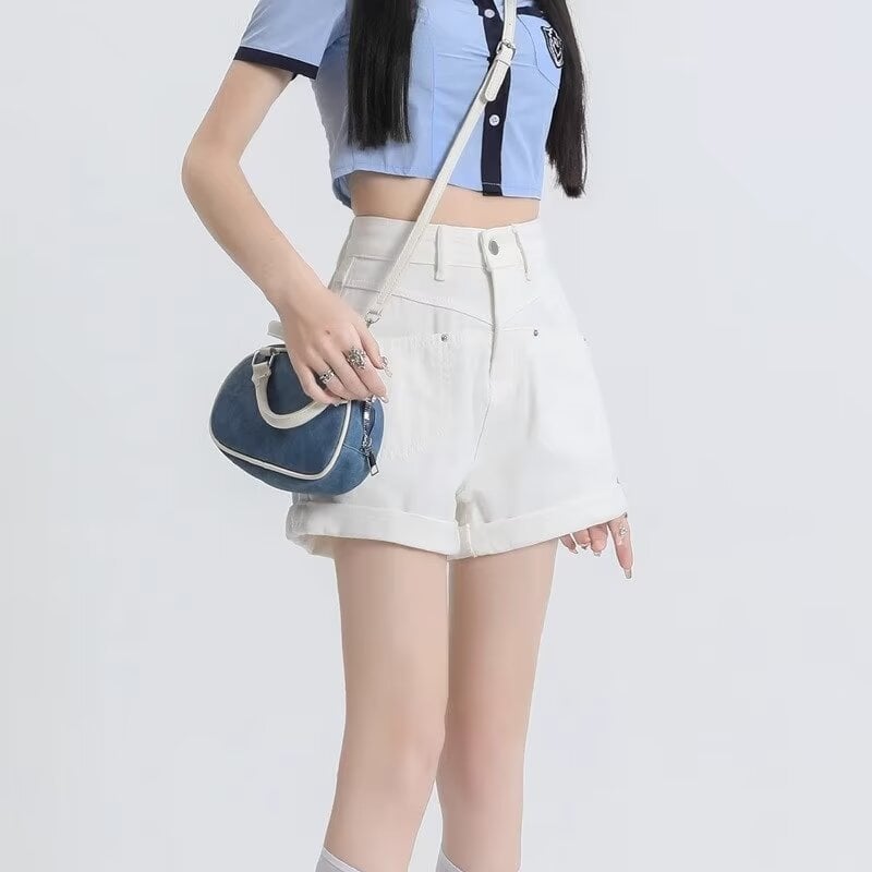 Női farmer rövidnadrág, magas derekú, A-vonalú szabás, széles lábú, nyár 2024, pamut 50–70%