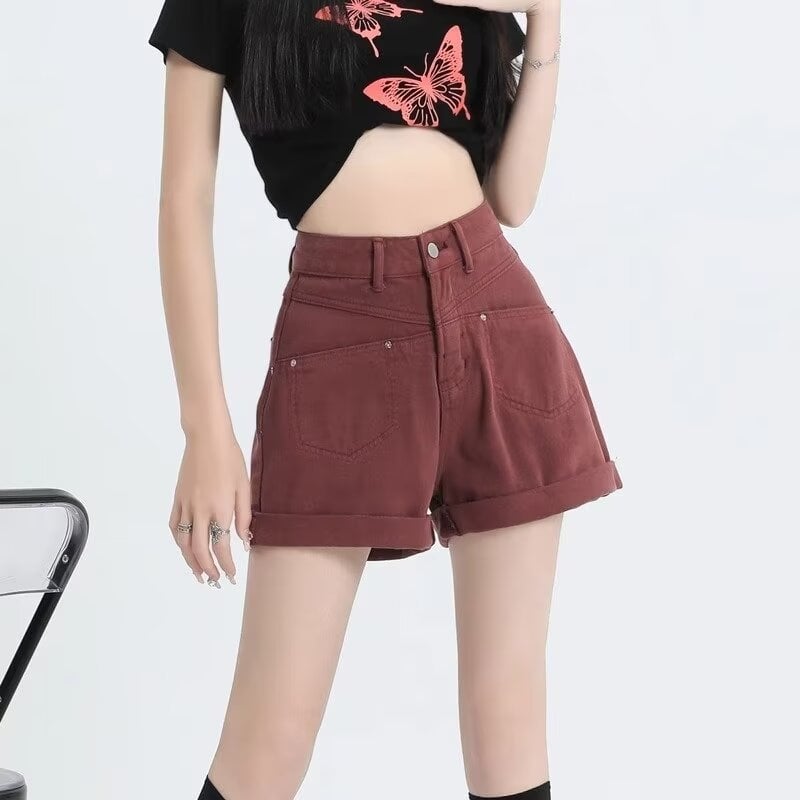 Női farmer rövidnadrág, magas derekú, A-vonalú szabás, széles lábú, nyár 2024, pamut 50–70%