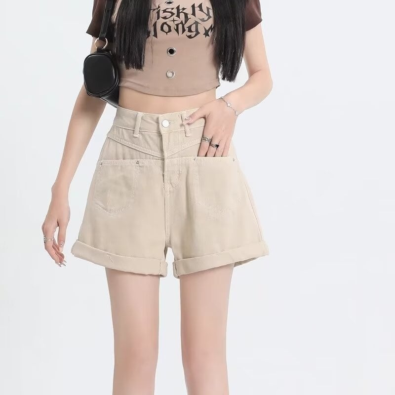 Női farmer rövidnadrág, magas derekú, A-vonalú szabás, széles lábú, nyár 2024, pamut 50–70%