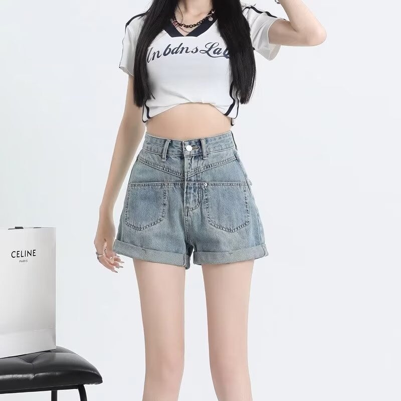 Női farmer rövidnadrág, magas derekú, A-vonalú szabás, széles lábú, nyár 2024, pamut 50–70%