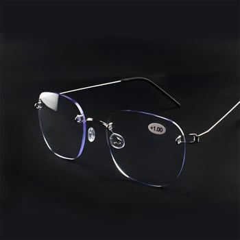 Keret nélküli olvasószemüveg fém kerettel, gyanta lencsékkel, anti-kék fény, kis arcra illeszkedik, dioptria +1.00-tól +3.50-ig.