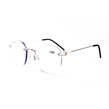 Keret nélküli olvasószemüveg fém kerettel, gyanta lencsékkel, anti-kék fény, kis arcra illeszkedik, dioptria +1.00-tól +3.50-ig.