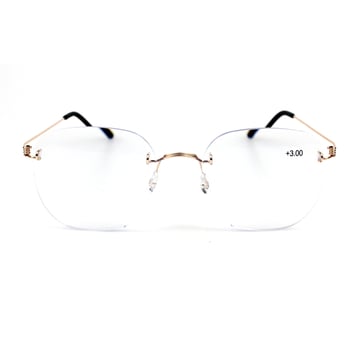 Keret nélküli olvasószemüveg fém kerettel, gyanta lencsékkel, anti-kék fény, kis arcra illeszkedik, dioptria +1.00-tól +3.50-ig.