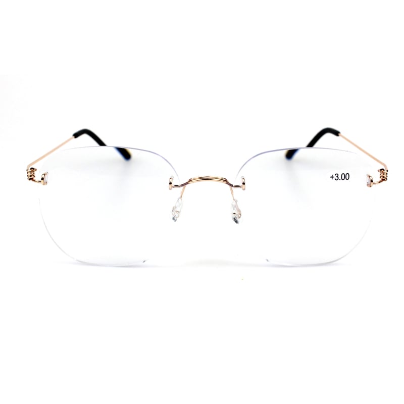 Keret nélküli olvasószemüveg fém kerettel, gyanta lencsékkel, anti-kék fény, kis arcra illeszkedik, dioptria +1.00-tól +3.50-ig.