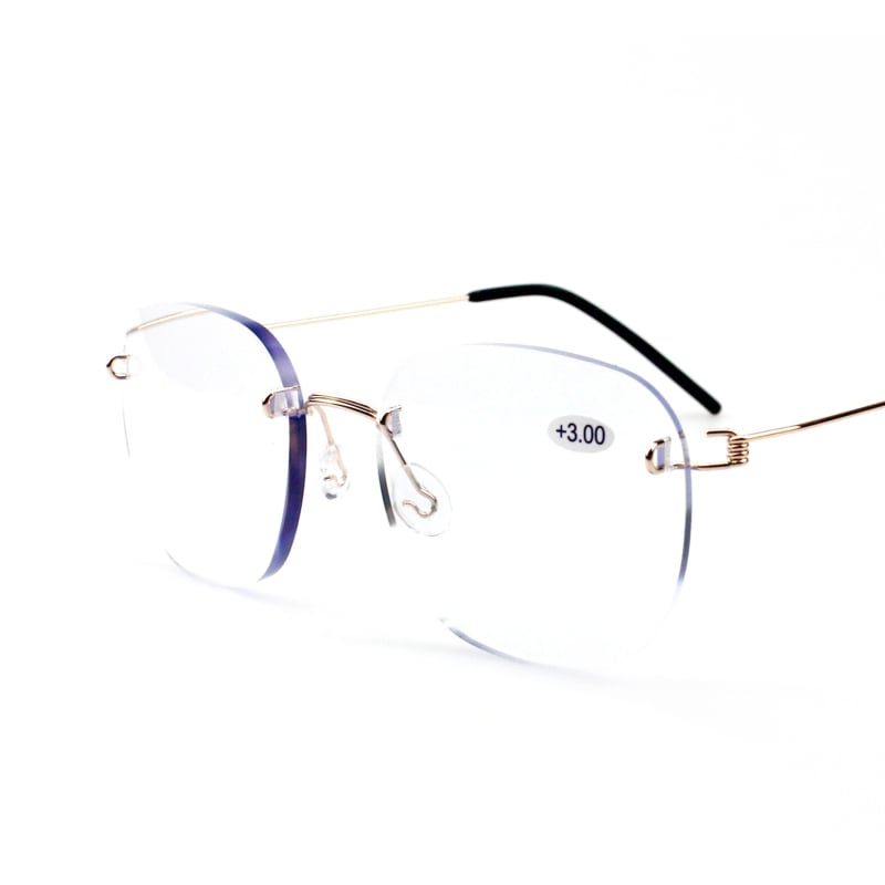 Keret nélküli olvasószemüveg fém kerettel, gyanta lencsékkel, anti-kék fény, kis arcra illeszkedik, dioptria +1.00-tól +3.50-ig.