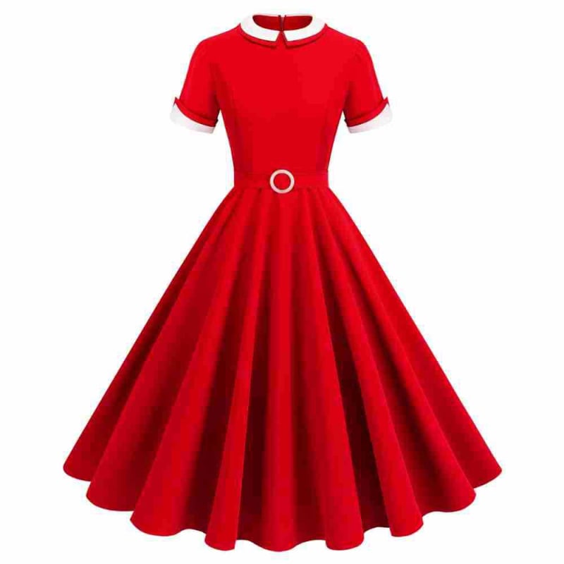 Ruha kontrasztos, két gallérral – Hepburn-stílusú klasszikus retro, karcsú szabású hastánc-ruha, poliészter 95%+