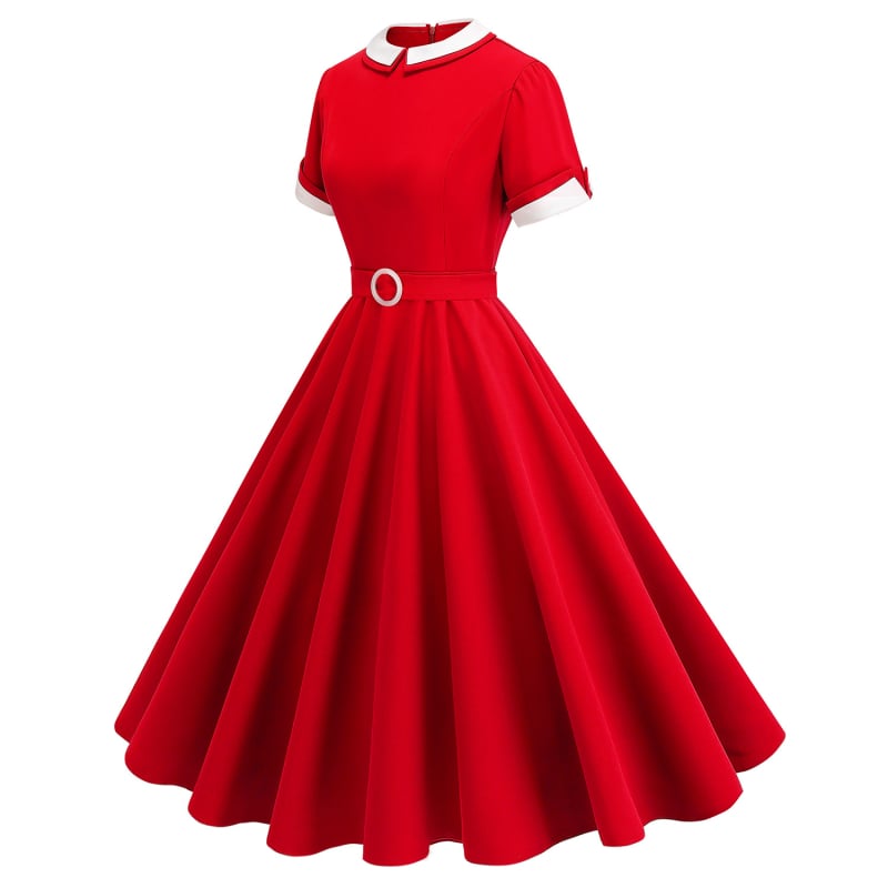 Ruha kontrasztos, két gallérral – Hepburn-stílusú klasszikus retro, karcsú szabású hastánc-ruha, poliészter 95%+