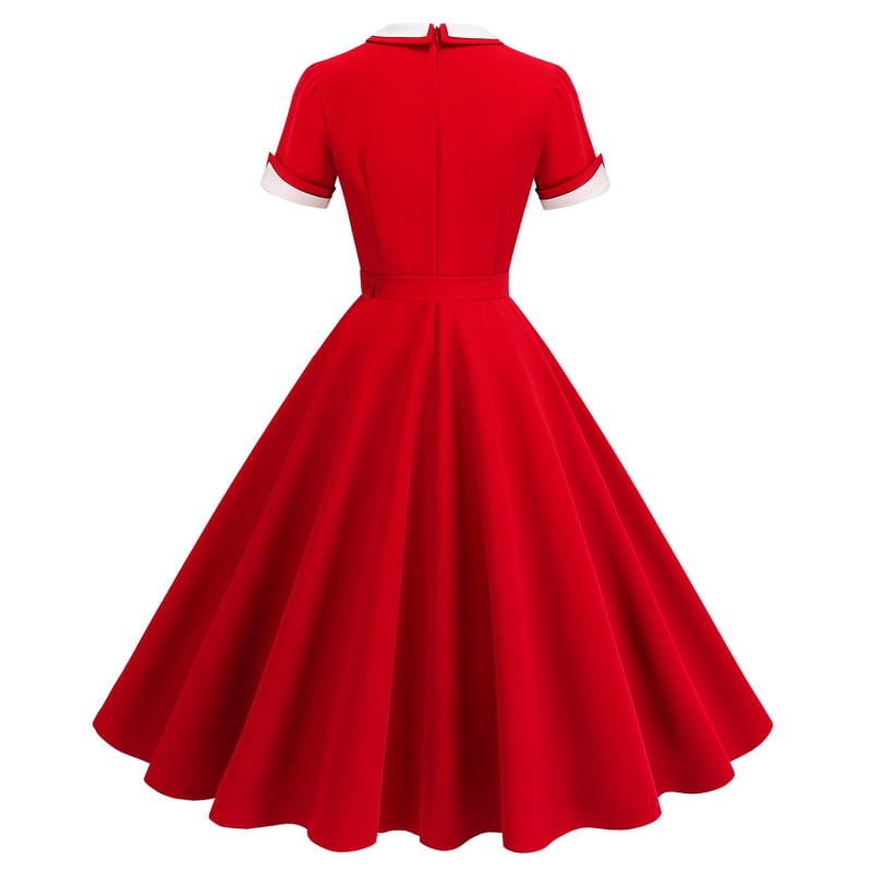 Ruha kontrasztos, két gallérral – Hepburn-stílusú klasszikus retro, karcsú szabású hastánc-ruha, poliészter 95%+