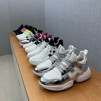 Γυναικεία casual παπούτσια με παχιά πλατφόρμα για αύξηση ύψους, δερμάτινο επάνω, κορδόνια, μεσαίο ύψος, μοτίβο χρωματικού μπλοκ