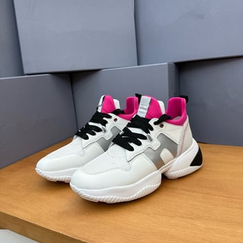 Γυναικεία casual παπούτσια με παχιά πλατφόρμα για αύξηση ύψους, δερμάτινο επάνω, κορδόνια, μεσαίο ύψος, μοτίβο χρωματικού μπλοκ