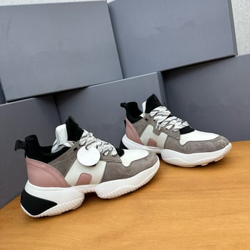 Γυναικεία casual παπούτσια με παχιά πλατφόρμα για αύξηση ύψους, δερμάτινο επάνω, κορδόνια, μεσαίο ύψος, μοτίβο χρωματικού μπλοκ