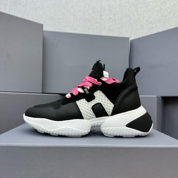 Γυναικεία casual παπούτσια με παχιά πλατφόρμα για αύξηση ύψους, δερμάτινο επάνω, κορδόνια, μεσαίο ύψος, μοτίβο χρωματικού μπλοκ