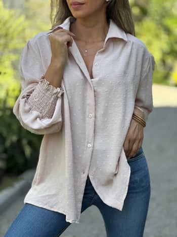 Női pólóing polo gallérral, hosszú ujjú, laza szabás, patchwork részletek, poliészter-elasztán keverék