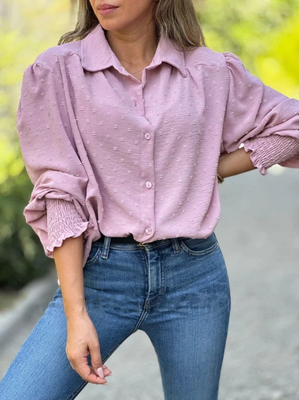 Női pólóing polo gallérral, hosszú ujjú, laza szabás, patchwork részletek, poliészter-elasztán keverék