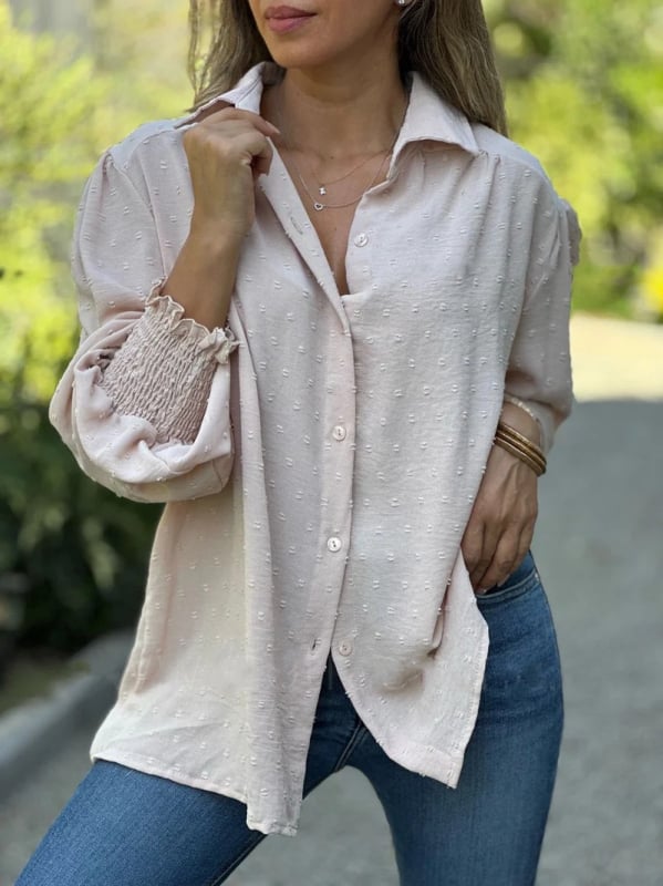 Női pólóing polo gallérral, hosszú ujjú, laza szabás, patchwork részletek, poliészter-elasztán keverék