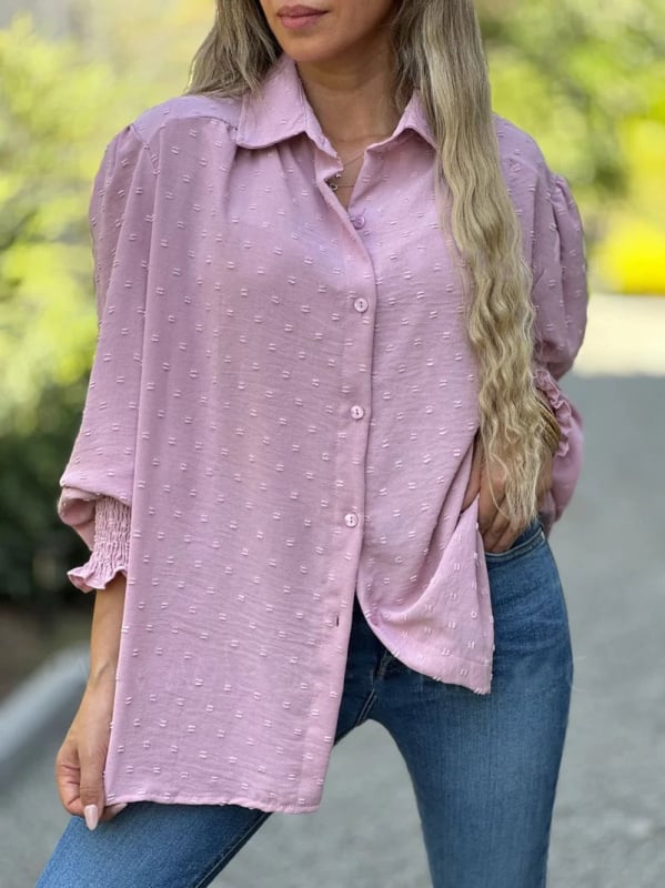 Női pólóing polo gallérral, hosszú ujjú, laza szabás, patchwork részletek, poliészter-elasztán keverék