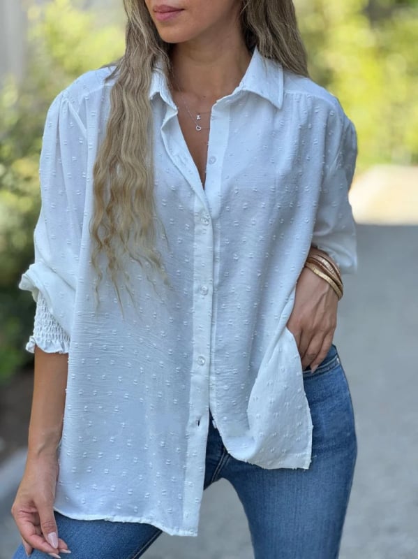 Női pólóing polo gallérral, hosszú ujjú, laza szabás, patchwork részletek, poliészter-elasztán keverék