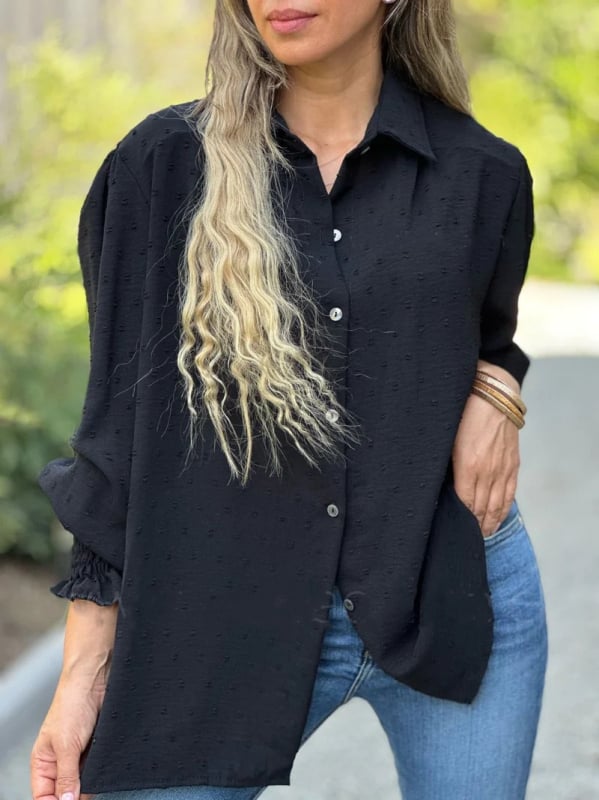 Női pólóing polo gallérral, hosszú ujjú, laza szabás, patchwork részletek, poliészter-elasztán keverék