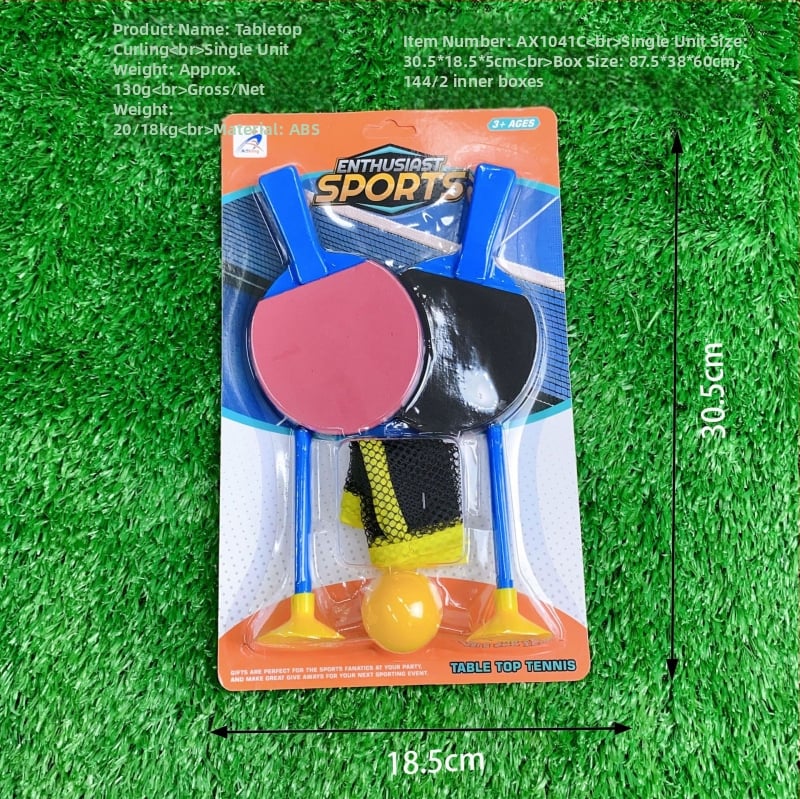 Set de jocuri de masă cu mingi: construcție din plastic; include mini fotbal, curling, tenis de masă și golf; ambalaj blister; potrivit pentru vârsta 15–35