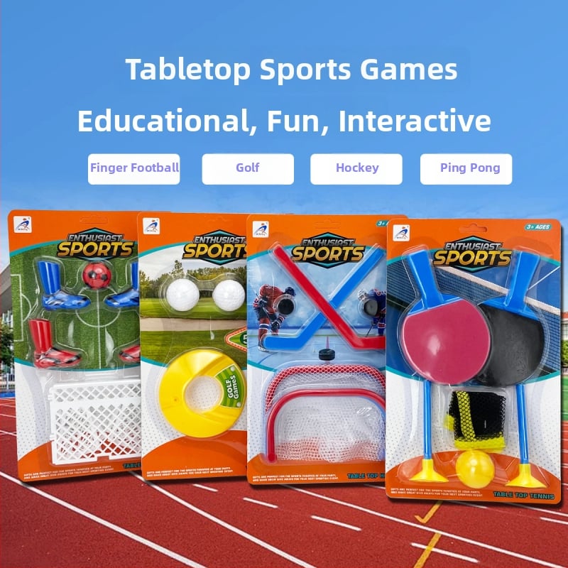 Set de jocuri de masă cu mingi: construcție din plastic; include mini fotbal, curling, tenis de masă și golf; ambalaj blister; potrivit pentru vârsta 15–35