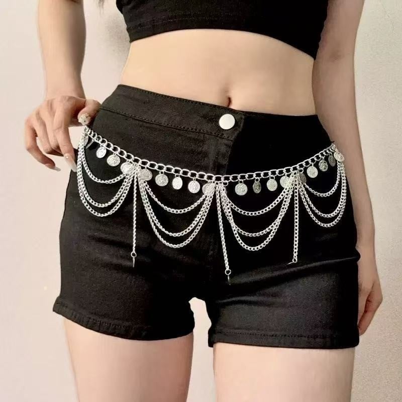 Lanț talie pentru dansuri latine/Belly dance, multistrat, stil etnic, ciucuri, metal, lungime 100 cm, mai multe bucle