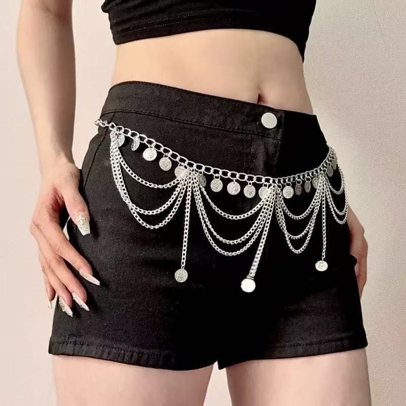 Lanț talie pentru dansuri latine/Belly dance, multistrat, stil etnic, ciucuri, metal, lungime 100 cm, mai multe bucle