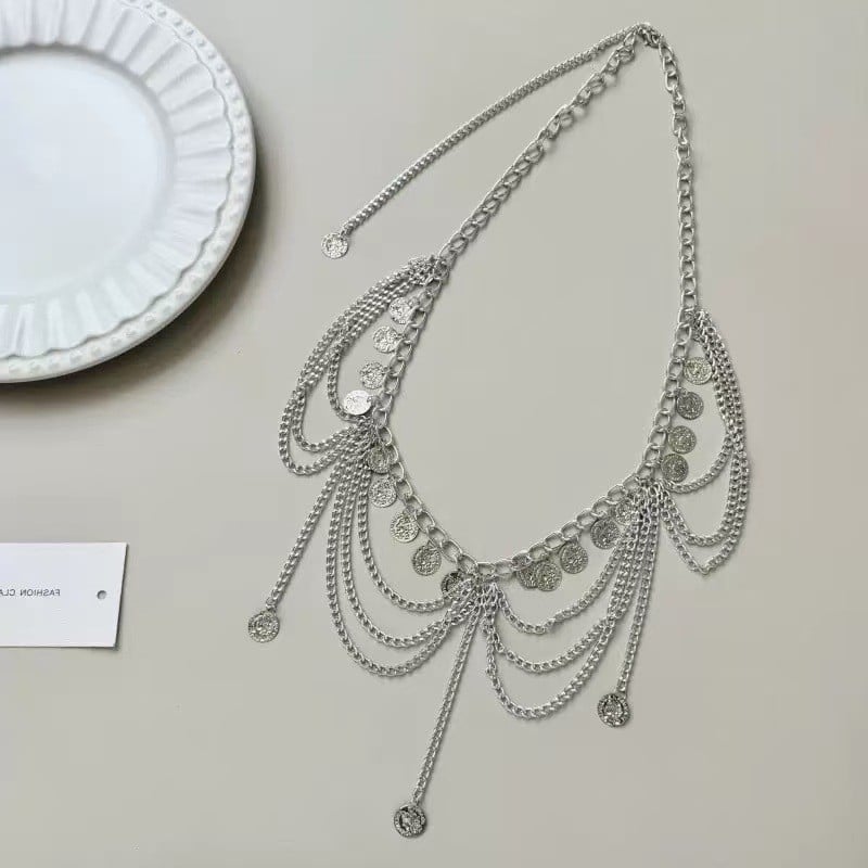 Lanț talie pentru dansuri latine/Belly dance, multistrat, stil etnic, ciucuri, metal, lungime 100 cm, mai multe bucle