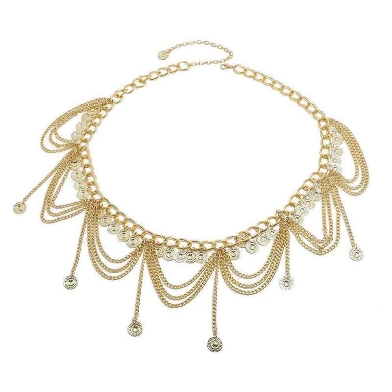 Lanț talie pentru dansuri latine/Belly dance, multistrat, stil etnic, ciucuri, metal, lungime 100 cm, mai multe bucle