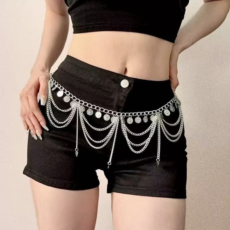Lanț talie pentru dansuri latine/Belly dance, multistrat, stil etnic, ciucuri, metal, lungime 100 cm, mai multe bucle