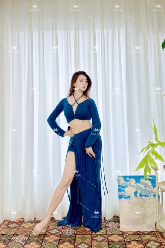 Set belly dance cu rochie lungă și curea fluidă, țesătură poliester, conținut 30-50%, stil casual, proaspăt și dulce, toamnă 2025
