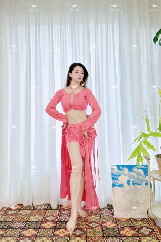 Set belly dance cu rochie lungă și curea fluidă, țesătură poliester, conținut 30-50%, stil casual, proaspăt și dulce, toamnă 2025