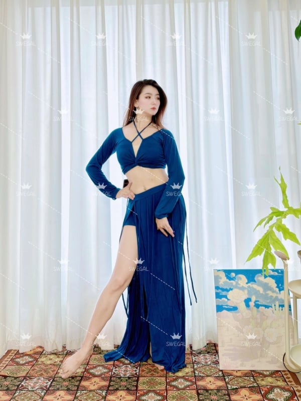 Set belly dance cu rochie lungă și curea fluidă, țesătură poliester, conținut 30-50%, stil casual, proaspăt și dulce, toamnă 2025