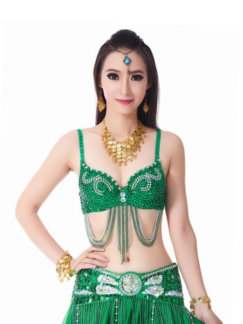 Belly Dance melltartó kézi gyöngyhímzéssel és háttervezéssel; anyag: poliészter; összetétel: nejlon 85%; bélés: pamut-keverék; alkalmas Belly Dance és nemzeti táncokra; felnőtt nőknek