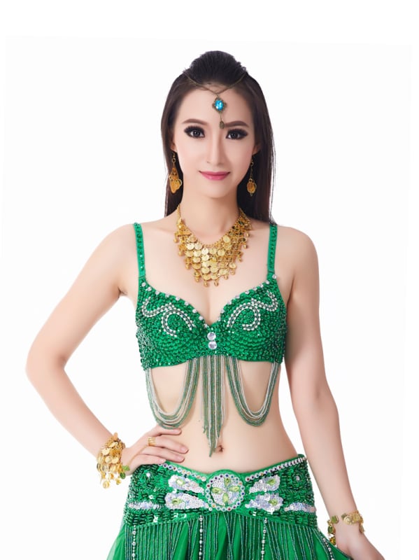 Belly Dance melltartó kézi gyöngyhímzéssel és háttervezéssel; anyag: poliészter; összetétel: nejlon 85%; bélés: pamut-keverék; alkalmas Belly Dance és nemzeti táncokra; felnőtt nőknek